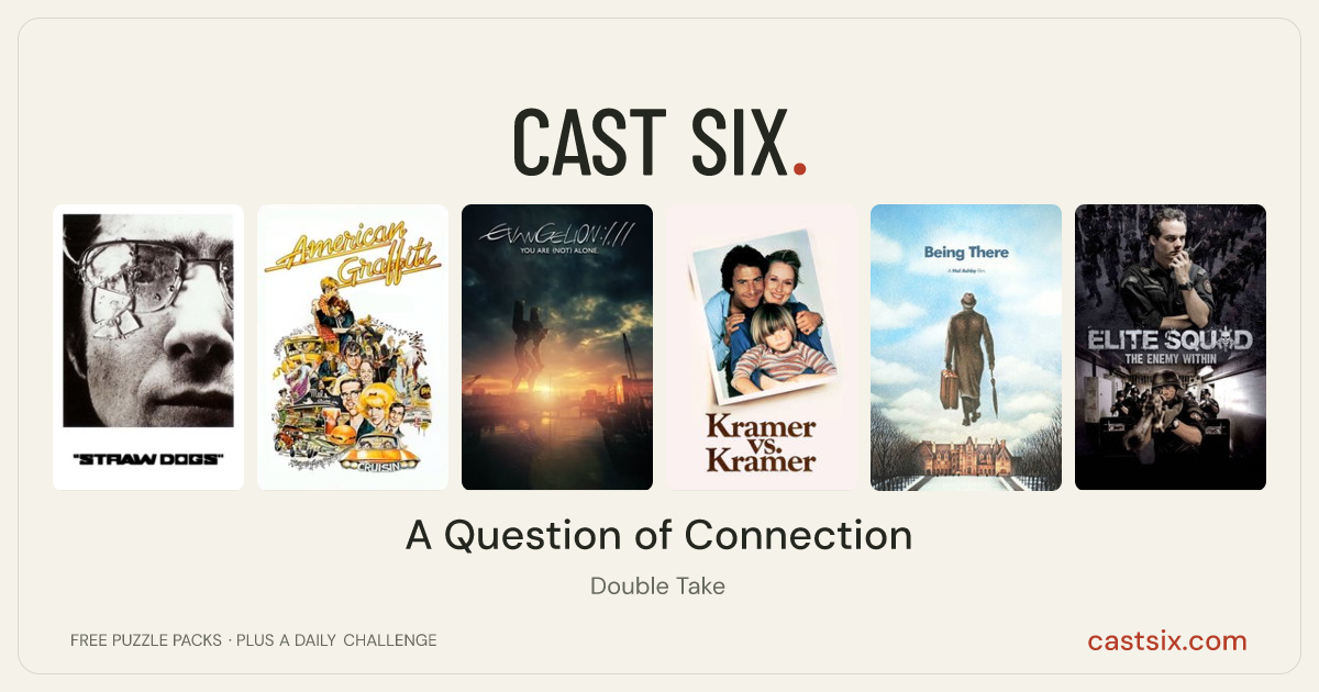 A Question of Connection: a Cast Six movie puzzle. Six movie posters in a row: Straw Dogs, American Graffiti, Evangelion: 1.0 You Are (Not) Alone, Kramer vs. Kramer, Being There, Elite Squad: The Enemy Within. Six movies, six categories, three checks. Free to play at castsix.com.