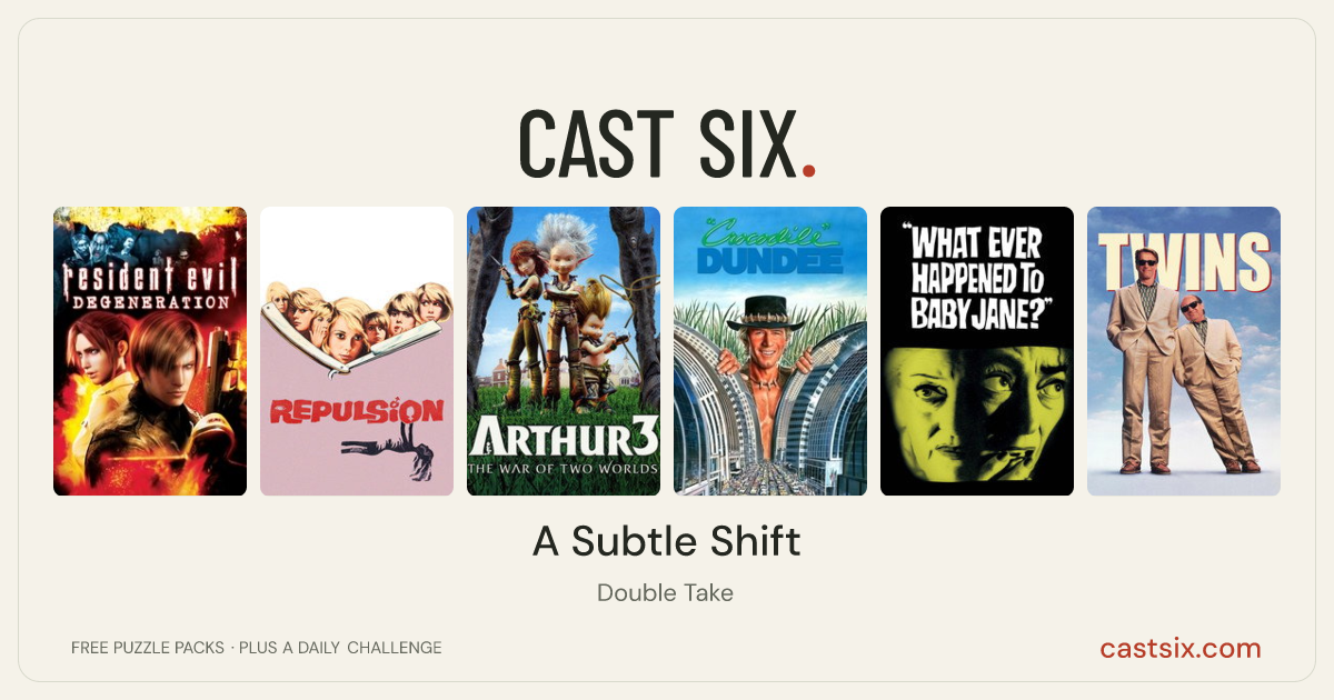 A Subtle Shift: a Cast Six movie puzzle. Six movie posters in a row: Resident Evil: Degeneration, Repulsion, Arthur 3: The War of the Two Worlds, Crocodile Dundee, What Ever Happened to Baby Jane?, Twins. Six movies, six categories, three checks. Free to play at castsix.com.