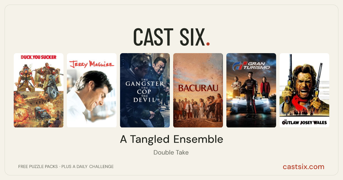 A Tangled Ensemble: a Cast Six movie puzzle. Six movie posters in a row: Duck, You Sucker, Jerry Maguire, The Gangster, the Cop, the Devil, Bacurau, Gran Turismo, The Outlaw Josey Wales. Six movies, six categories, three checks. Free to play at castsix.com.