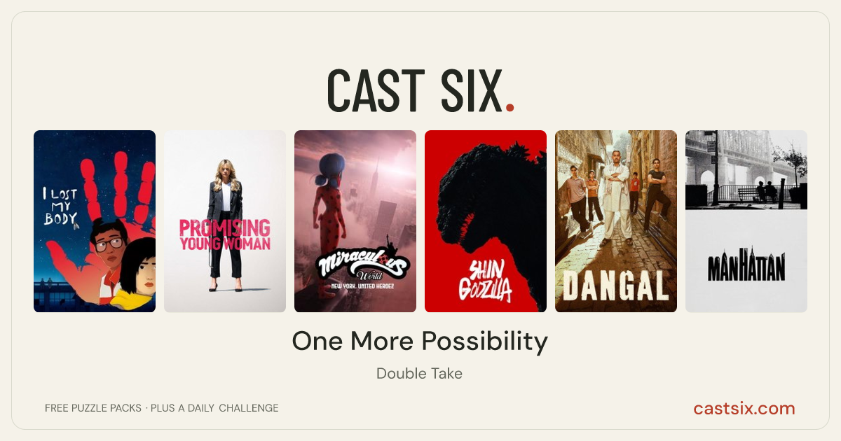 One More Possibility: a Cast Six movie puzzle. Six movie posters in a row: I Lost My Body, Promising Young Woman, Miraculous World: New York, United HeroeZ, Shin Godzilla, Dangal, Manhattan. Six movies, six categories, three checks. Free to play at castsix.com.