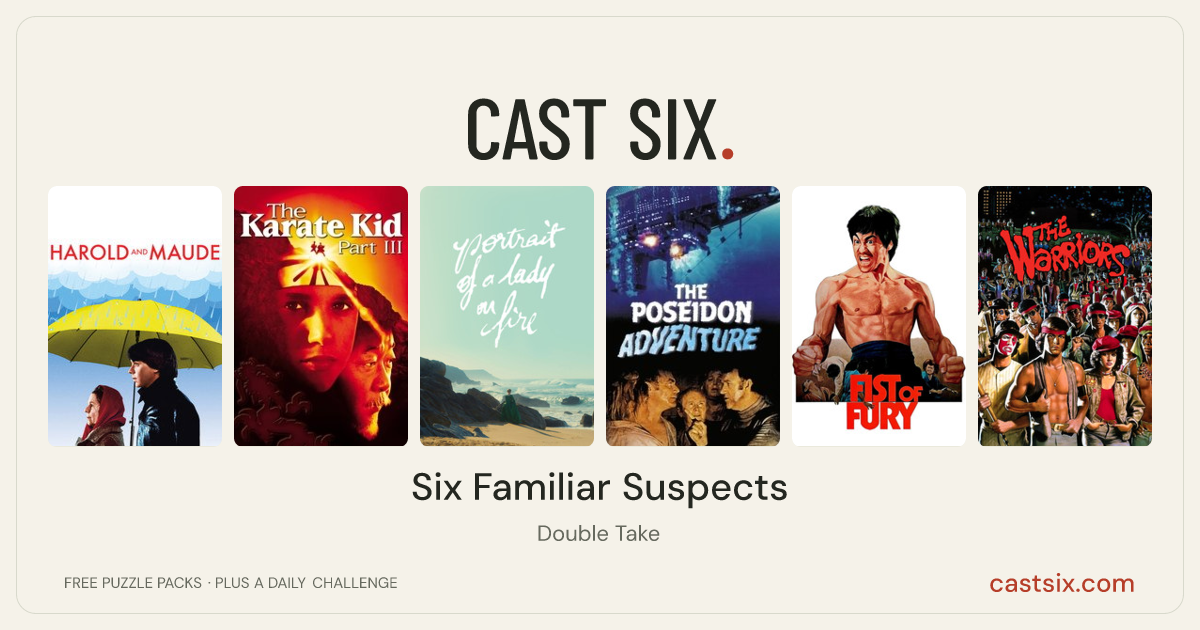 Six Familiar Suspects: a Cast Six movie puzzle. Six movie posters in a row: Harold and Maude, The Karate Kid Part III, Portrait of a Lady on Fire, The Poseidon Adventure, Fist of Fury, The Warriors. Six movies, six categories, three checks. Free to play at castsix.com.