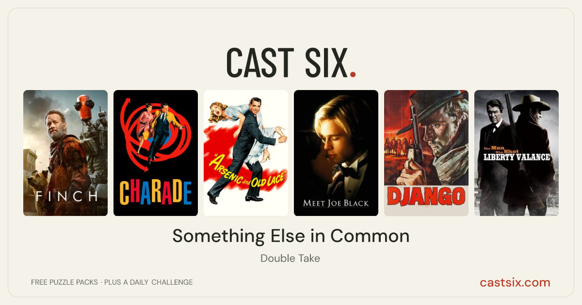 Something Else in Common: a Cast Six movie puzzle. Six movie posters in a row: Finch, Charade, Arsenic and Old Lace, Meet Joe Black, Django, The Man Who Shot Liberty Valance. Six movies, six categories, three checks. Free to play at castsix.com.