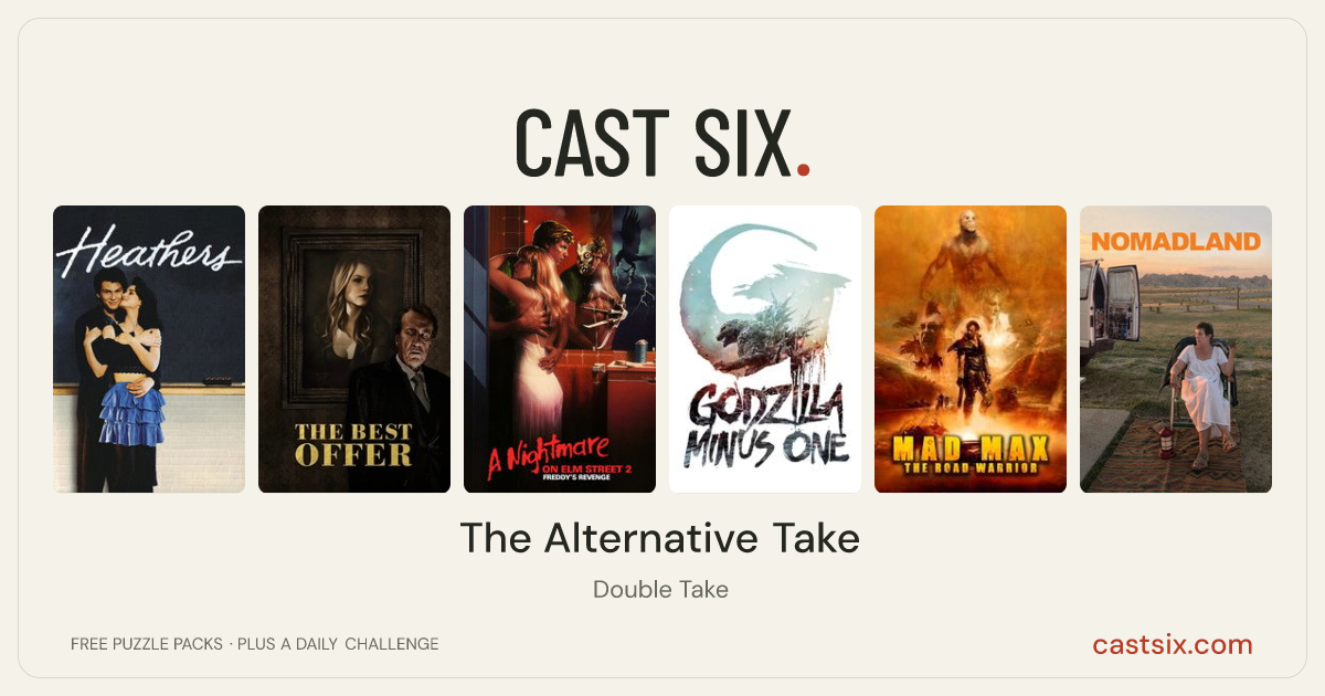 The Alternative Take: a Cast Six movie puzzle. Six movie posters in a row: Heathers, The Best Offer, A Nightmare on Elm Street Part 2: Freddy's Revenge, Godzilla Minus One, Mad Max 2, Nomadland. Six movies, six categories, three checks. Free to play at castsix.com.
