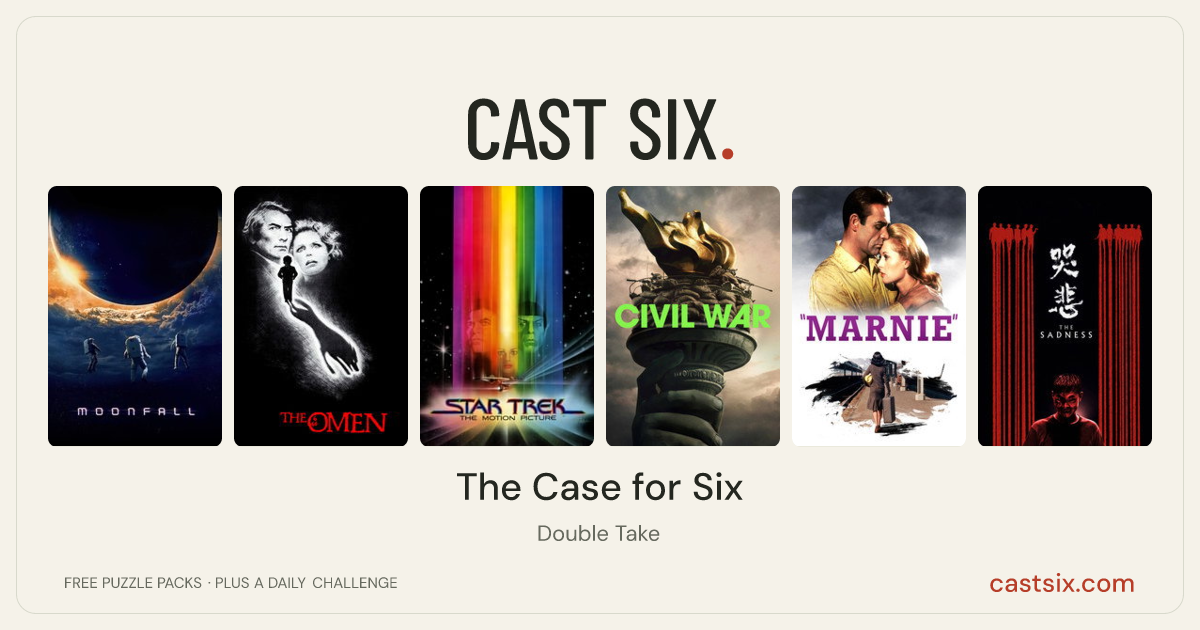 The Case for Six: a Cast Six movie puzzle. Six movie posters in a row: Moonfall, The Omen, Star Trek: The Motion Picture, Civil War, Marnie, The Sadness. Six movies, six categories, three checks. Free to play at castsix.com.
