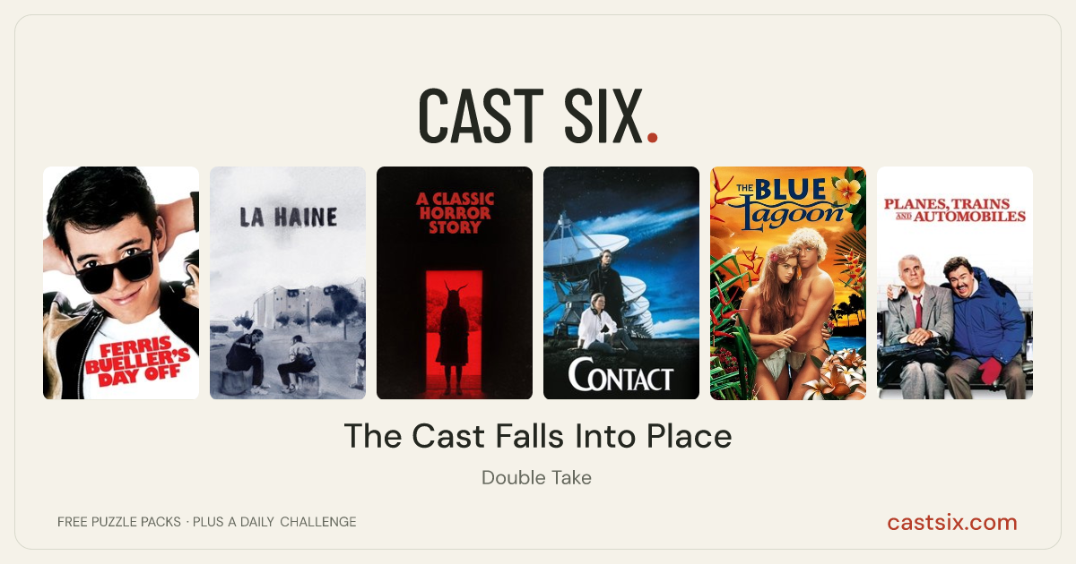 The Cast Falls Into Place: a Cast Six movie puzzle. Six movie posters in a row: Ferris Bueller's Day Off, La Haine, A Classic Horror Story, Contact, The Blue Lagoon, Planes, Trains and Automobiles. Six movies, six categories, three checks. Free to play at castsix.com.
