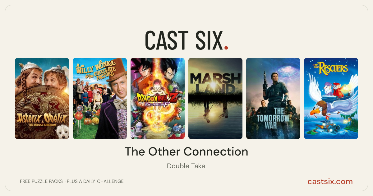 The Other Connection: a Cast Six movie puzzle. Six movie posters in a row: Asterix & Obelix: The Middle Kingdom, Willy Wonka & the Chocolate Factory, Dragon Ball Z: Resurrection 'F', Marshland, The Tomorrow War, The Rescuers. Six movies, six categories, three checks. Free to play at castsix.com.