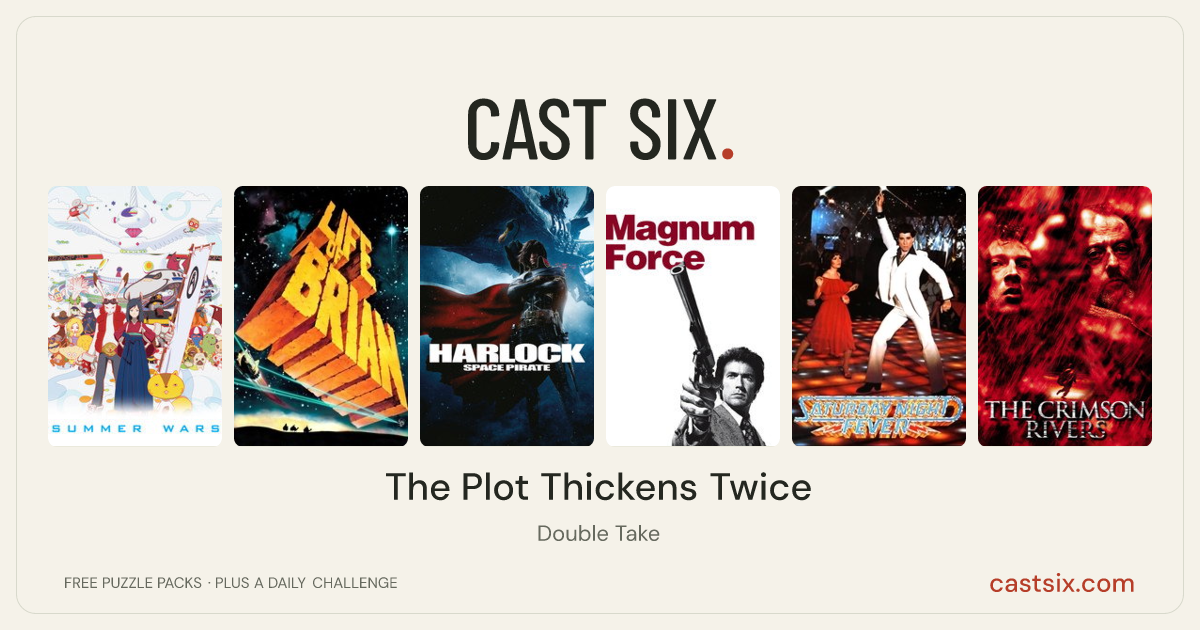 The Plot Thickens Twice: a Cast Six movie puzzle. Six movie posters in a row: Summer Wars, Life of Brian, Space Pirate Captain Harlock, Magnum Force, Saturday Night Fever, The Crimson Rivers. Six movies, six categories, three checks. Free to play at castsix.com.
