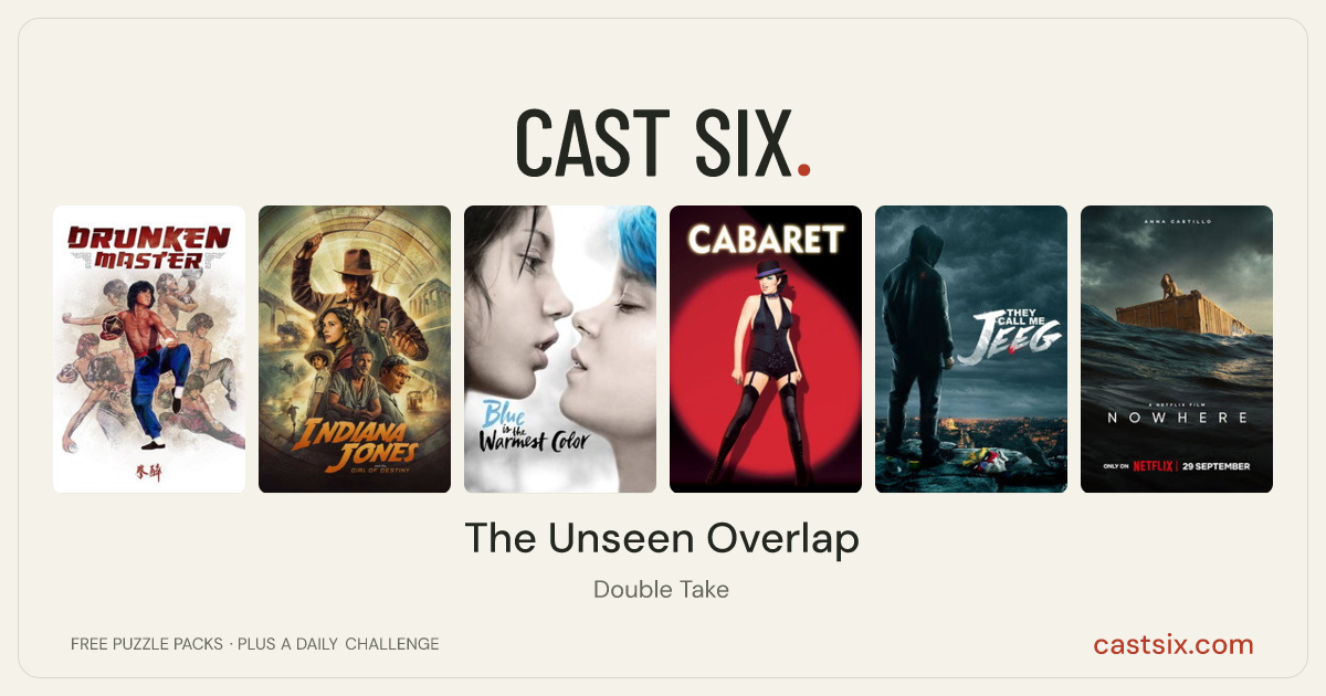The Unseen Overlap: a Cast Six movie puzzle. Six movie posters in a row: Drunken Master, Indiana Jones and the Dial of Destiny, Blue Is the Warmest Color, Cabaret, They Call Me Jeeg, Nowhere. Six movies, six categories, three checks. Free to play at castsix.com.