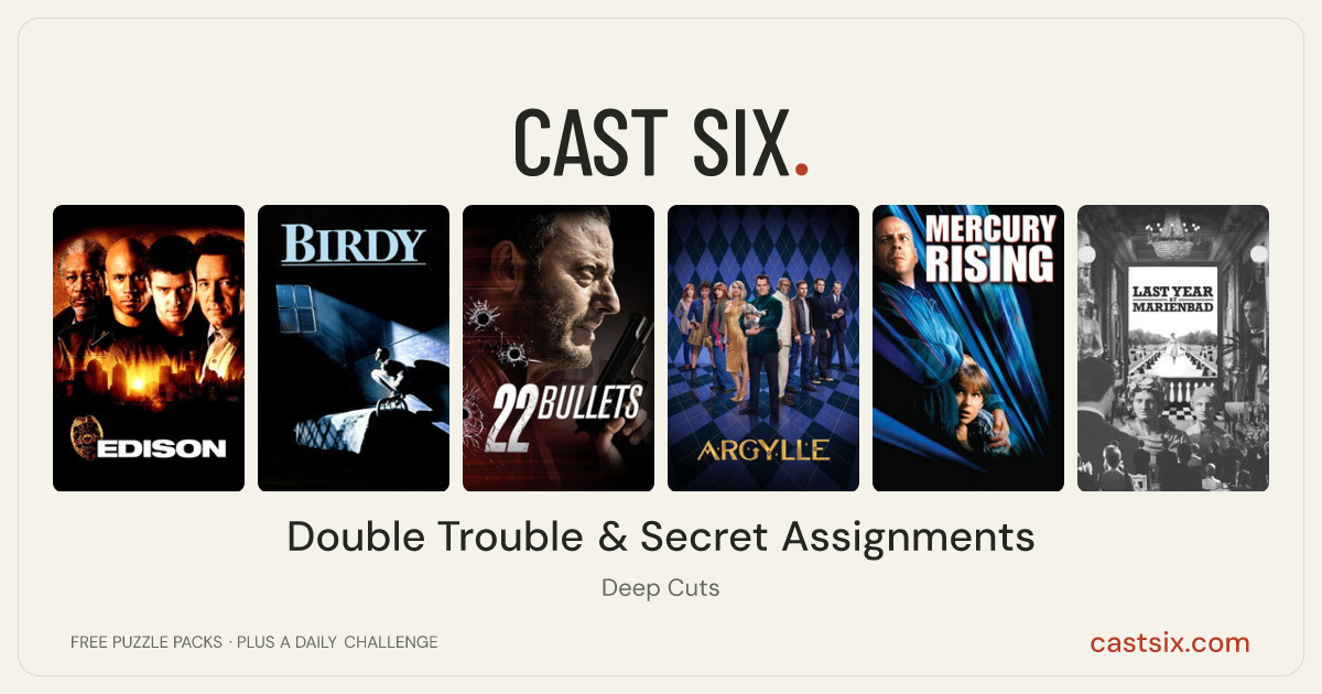 Double Trouble & Secret Assignments: a Cast Six movie puzzle. Six movie posters in a row: Edison, Birdy, 22 Bullets, Argylle, Mercury Rising, Last Year at Marienbad. Six movies, six categories, three checks. Free to play at castsix.com.