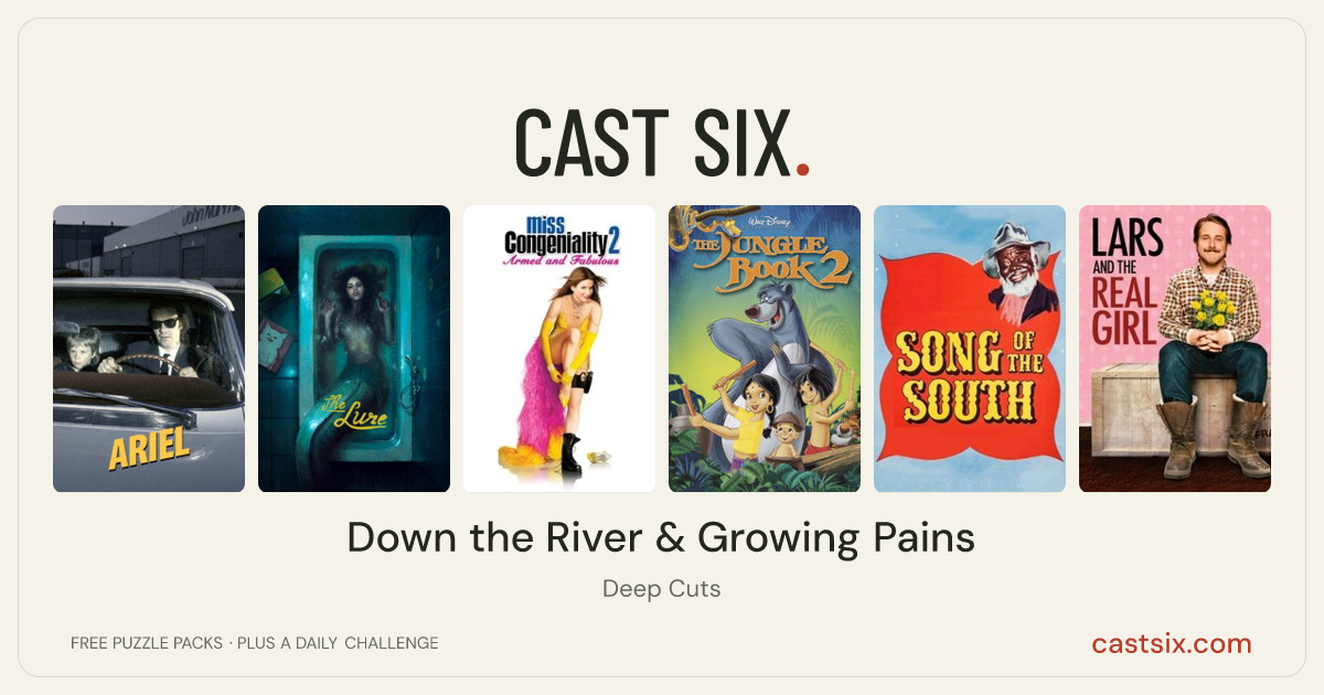Down the River & Growing Pains: a Cast Six movie puzzle. Six movie posters in a row: Ariel, The Lure, Miss Congeniality 2: Armed and Fabulous, The Jungle Book 2, Song of the South, Lars and the Real Girl. Six movies, six categories, three checks. Free to play at castsix.com.