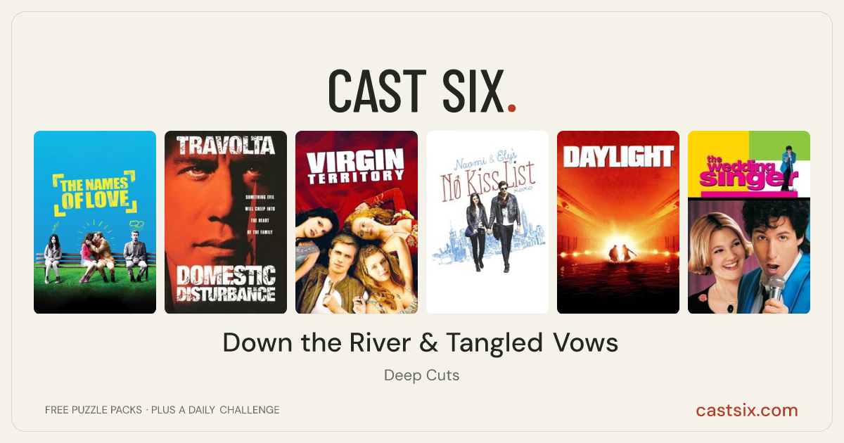 Down the River & Tangled Vows: a Cast Six movie puzzle. Six movie posters in a row: The Names of Love, Domestic Disturbance, Virgin Territory, Naomi and Ely's No Kiss List, Daylight, The Wedding Singer. Six movies, six categories, three checks. Free to play at castsix.com.