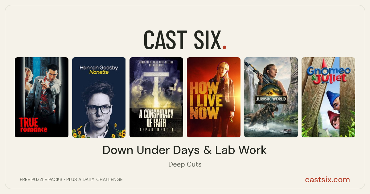 Down Under Days & Lab Work: a Cast Six movie puzzle. Six movie posters in a row: True Romance, Hannah Gadsby: Nanette, A Conspiracy of Faith, How I Live Now, Jurassic World Rebirth, Gnomeo & Juliet. Six movies, six categories, three checks. Free to play at castsix.com.