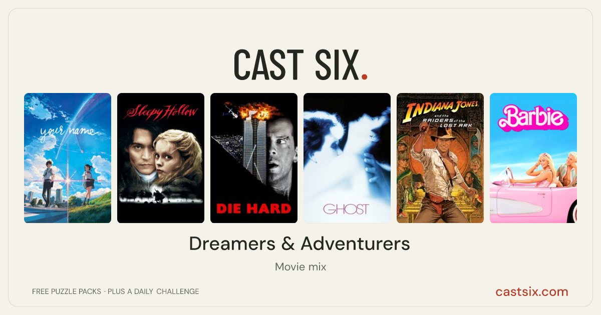 Dreamers & Adventurers: a Cast Six movie puzzle. Six movie posters in a row: Your Name., Sleepy Hollow, Die Hard, Ghost, Raiders of the Lost Ark, Barbie. Six movies, six categories, three checks. Free to play at castsix.com.