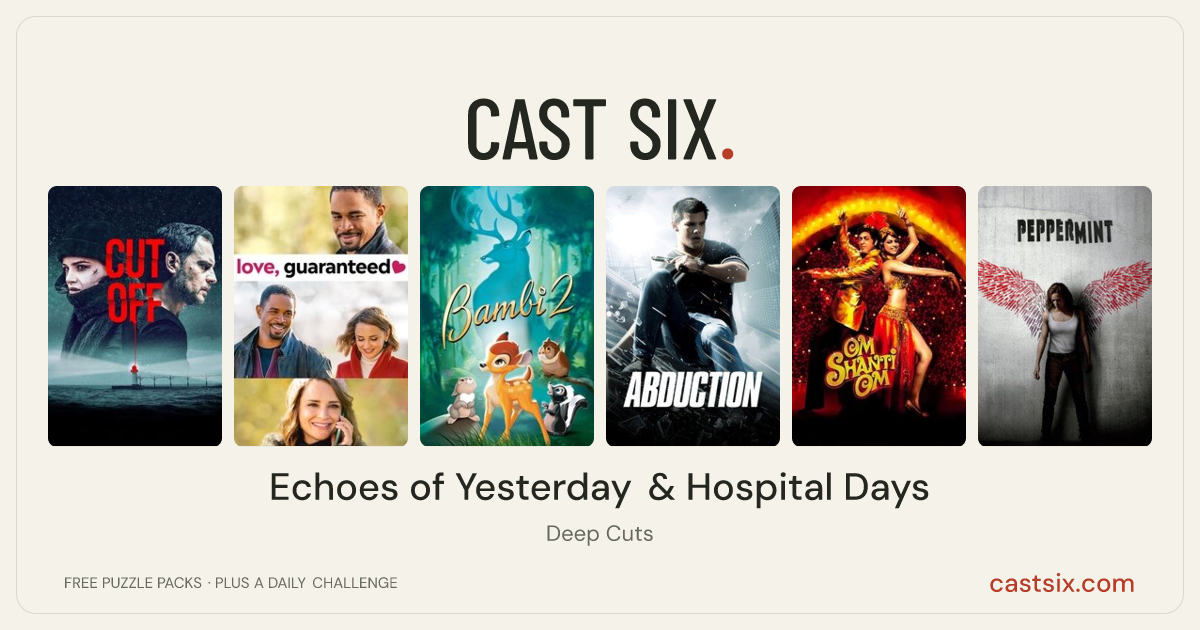 Echoes of Yesterday & Hospital Days: a Cast Six movie puzzle. Six movie posters in a row: Cut Off, Love, Guaranteed, Bambi II, Abduction, Om Shanti Om, Peppermint. Six movies, six categories, three checks. Free to play at castsix.com.