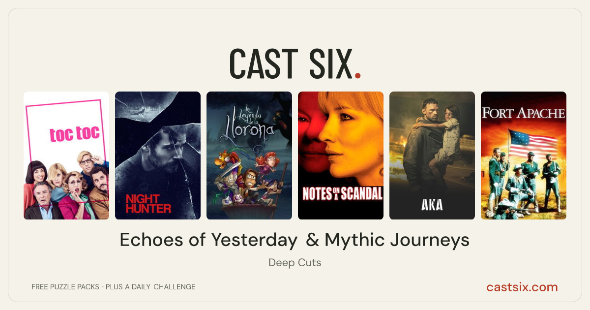 Echoes of Yesterday & Mythic Journeys: a Cast Six movie puzzle. Six movie posters in a row: Toc Toc, Night Hunter, The Legend of La Llorona, Notes on a Scandal, AKA, Fort Apache. Six movies, six categories, three checks. Free to play at castsix.com.