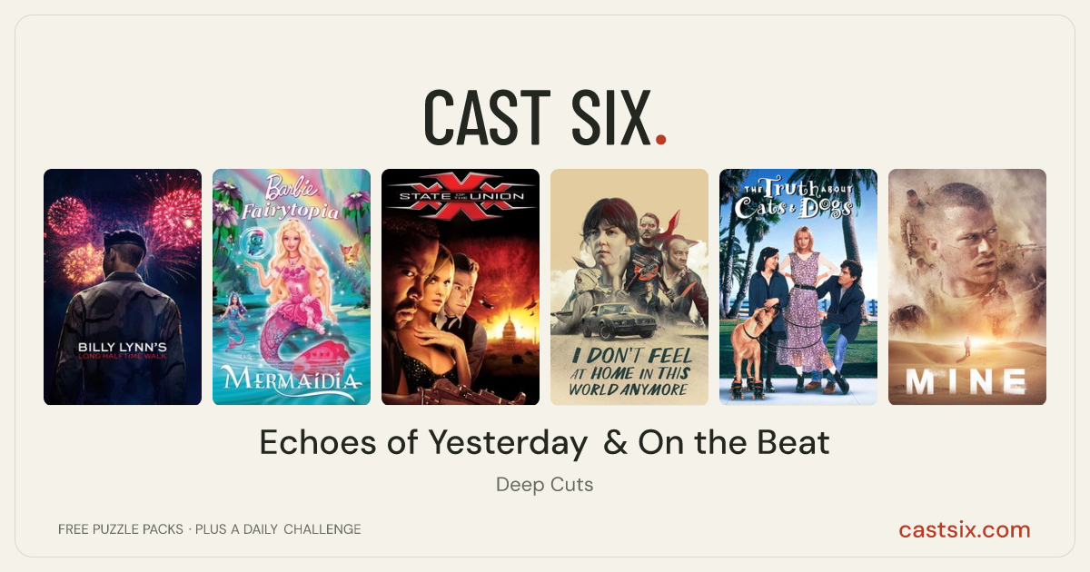 Echoes of Yesterday & On the Beat: a Cast Six movie puzzle. Six movie posters in a row: Billy Lynn's Long Halftime Walk, Barbie Fairytopia: Mermaidia, xXx: State of the Union, I Don't Feel at Home in This World Anymore, The Truth About Cats & Dogs, Mine. Six movies, six categories, three checks. Free to play at castsix.com.
