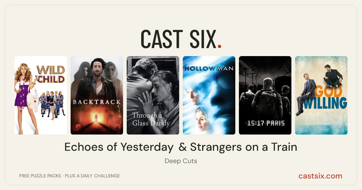 Echoes of Yesterday & Strangers on a Train: a Cast Six movie puzzle. Six movie posters in a row: Wild Child, Backtrack, Through a Glass Darkly, Hollow Man, The 15:17 to Paris, God Willing. Six movies, six categories, three checks. Free to play at castsix.com.