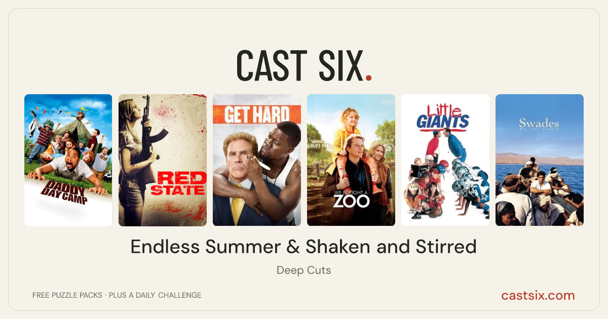 Endless Summer & Shaken and Stirred: a Cast Six movie puzzle. Six movie posters in a row: Daddy Day Camp, Red State, Get Hard, We Bought a Zoo, Little Giants, Swades. Six movies, six categories, three checks. Free to play at castsix.com.
