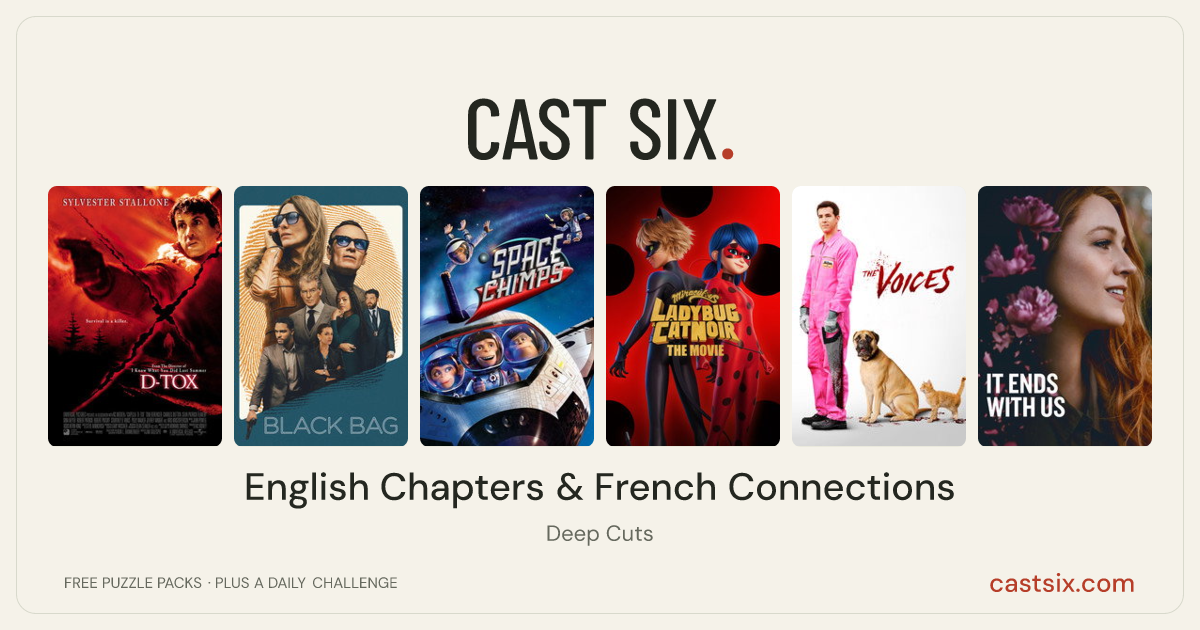 English Chapters & French Connections: a Cast Six movie puzzle. Six movie posters in a row: D-Tox, Black Bag, Space Chimps, Miraculous: Ladybug & Cat Noir, The Movie, The Voices, It Ends with Us. Six movies, six categories, three checks. Free to play at castsix.com.