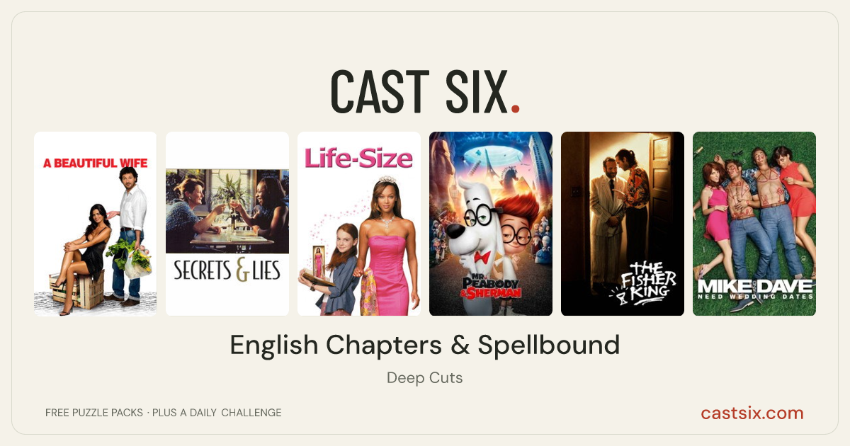 English Chapters & Spellbound: a Cast Six movie puzzle. Six movie posters in a row: A Beautiful Wife, Secrets & Lies, Life-Size, Mr. Peabody & Sherman, The Fisher King, Mike and Dave Need Wedding Dates. Six movies, six categories, three checks. Free to play at castsix.com.