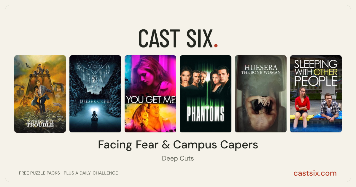 Facing Fear & Campus Capers: a Cast Six movie puzzle. Six movie posters in a row: Nothing but Trouble, Dreamcatcher, You Get Me, Phantoms, Huesera: The Bone Woman, Sleeping with Other People. Six movies, six categories, three checks. Free to play at castsix.com.