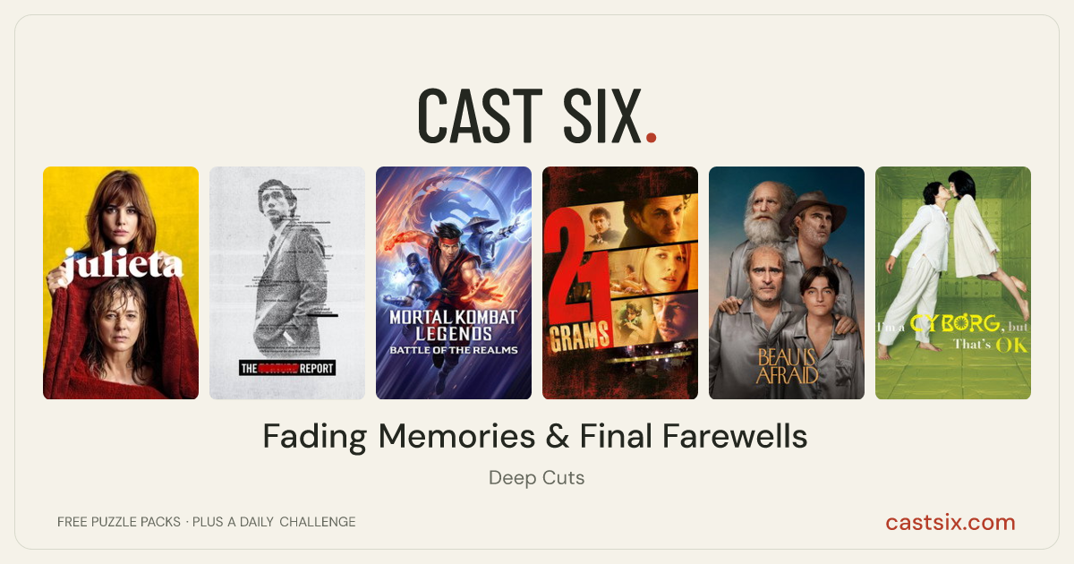 Fading Memories & Final Farewells: a Cast Six movie puzzle. Six movie posters in a row: Julieta, The Report, Mortal Kombat Legends: Battle of the Realms, 21 Grams, Beau Is Afraid, I'm a Cyborg, But That's OK. Six movies, six categories, three checks. Free to play at castsix.com.
