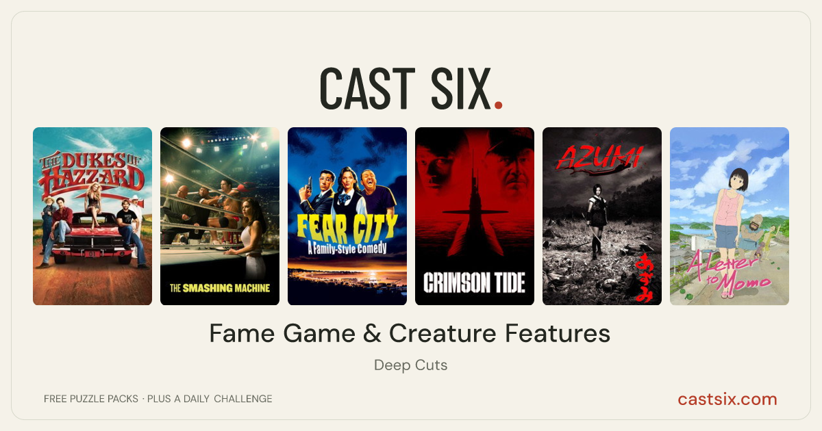 Fame Game & Creature Features: a Cast Six movie puzzle. Six movie posters in a row: The Dukes of Hazzard, The Smashing Machine, Fear City: A Family-Style Comedy, Crimson Tide, Azumi, A Letter to Momo. Six movies, six categories, three checks. Free to play at castsix.com.