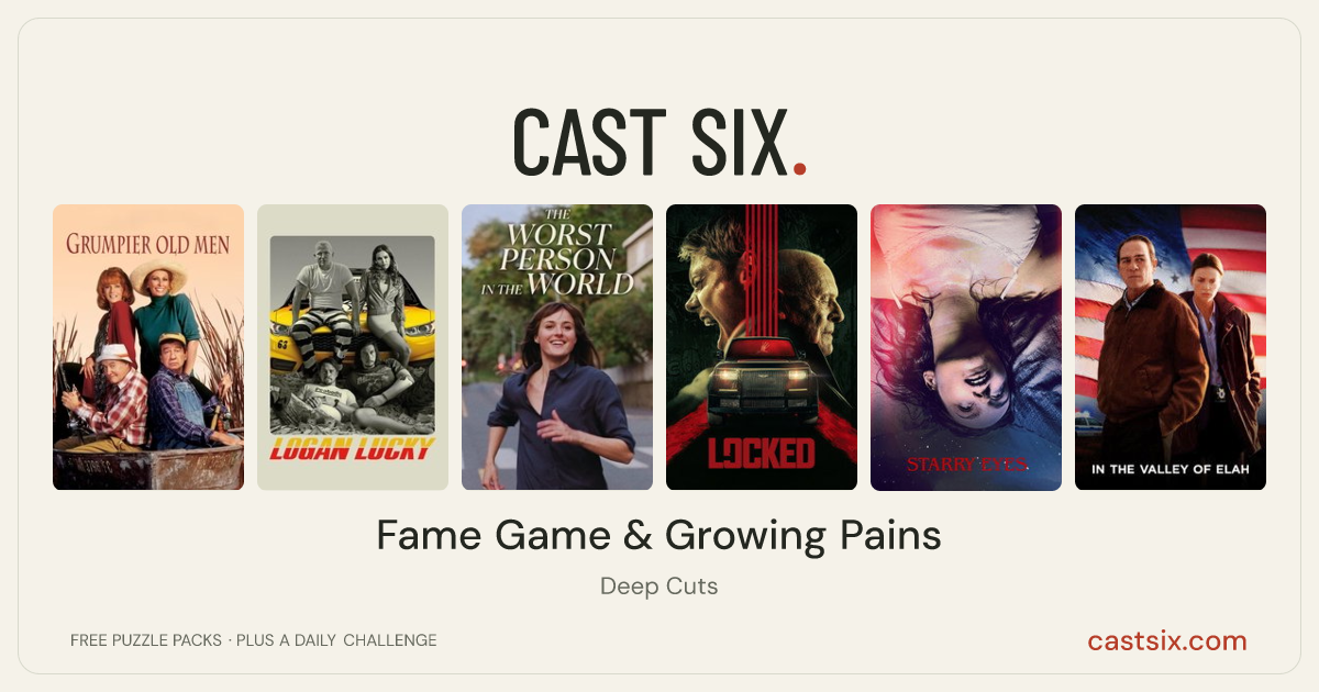 Fame Game & Growing Pains: a Cast Six movie puzzle. Six movie posters in a row: Grumpier Old Men, Logan Lucky, The Worst Person in the World, Locked, Starry Eyes, In the Valley of Elah. Six movies, six categories, three checks. Free to play at castsix.com.