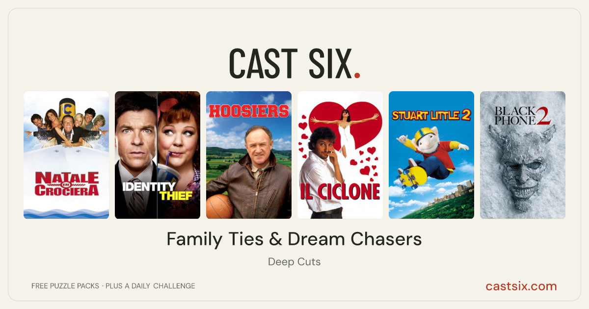 Family Ties & Dream Chasers: a Cast Six movie puzzle. Six movie posters in a row: Natale in crociera, Identity Thief, Hoosiers, The Cyclone, Stuart Little 2, Black Phone 2. Six movies, six categories, three checks. Free to play at castsix.com.