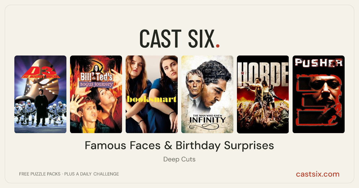Famous Faces & Birthday Surprises: a Cast Six movie puzzle. Six movie posters in a row: D3: The Mighty Ducks, Bill & Ted's Bogus Journey, Booksmart, The Man Who Knew Infinity, The Horde, Pusher 3. Six movies, six categories, three checks. Free to play at castsix.com.