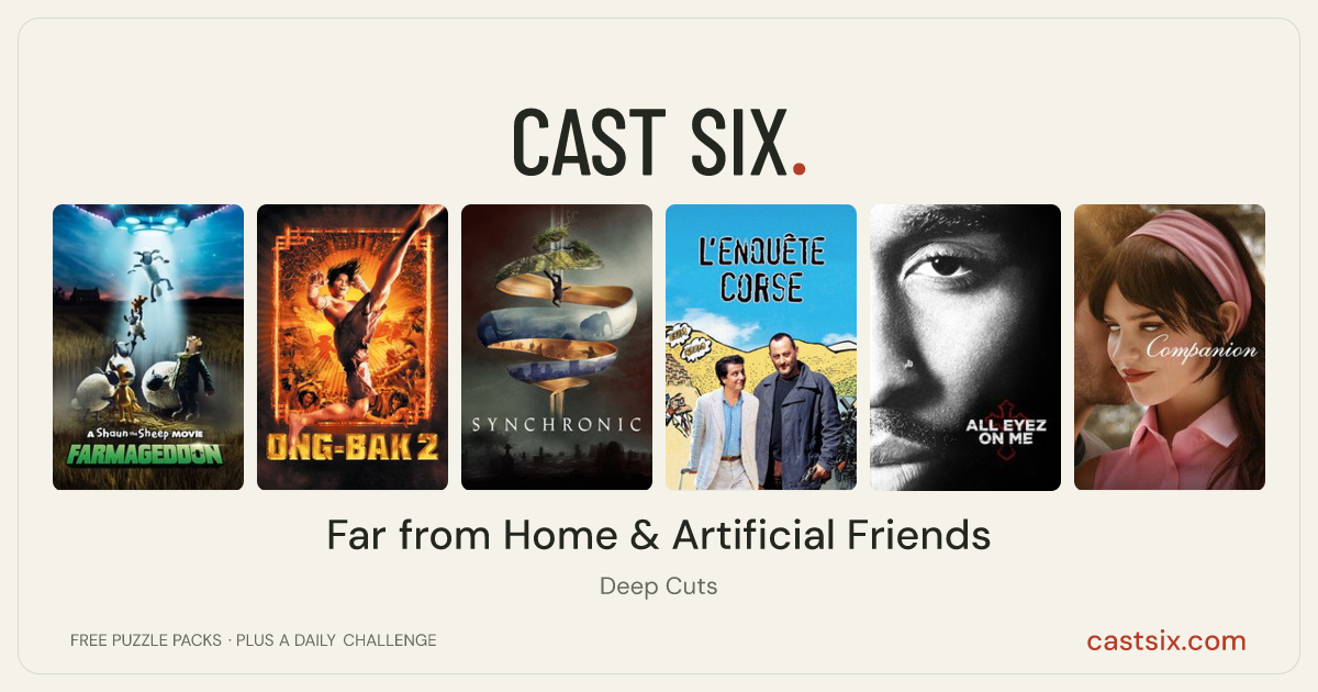 Far from Home & Artificial Friends: a Cast Six movie puzzle. Six movie posters in a row: A Shaun the Sheep Movie: Farmageddon, Ong Bak 2, Synchronic, The Corsican File, All Eyez on Me, Companion. Six movies, six categories, three checks. Free to play at castsix.com.