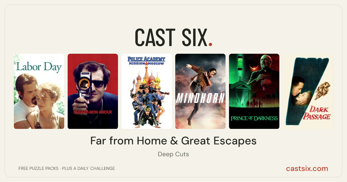 Far from Home & Great Escapes: a Cast Six movie puzzle. Six movie posters in a row: Labor Day, Godard Mon Amour, Police Academy: Mission to Moscow, Mindhorn, Prince of Darkness, Dark Passage. Six movies, six categories, three checks. Free to play at castsix.com.