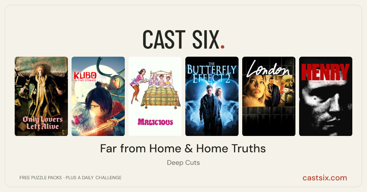 Far from Home & Home Truths: a Cast Six movie puzzle. Six movie posters in a row: Only Lovers Left Alive, Kubo and the Two Strings, Malicious, The Butterfly Effect 2, London, Henry: Portrait of a Serial Killer. Six movies, six categories, three checks. Free to play at castsix.com.
