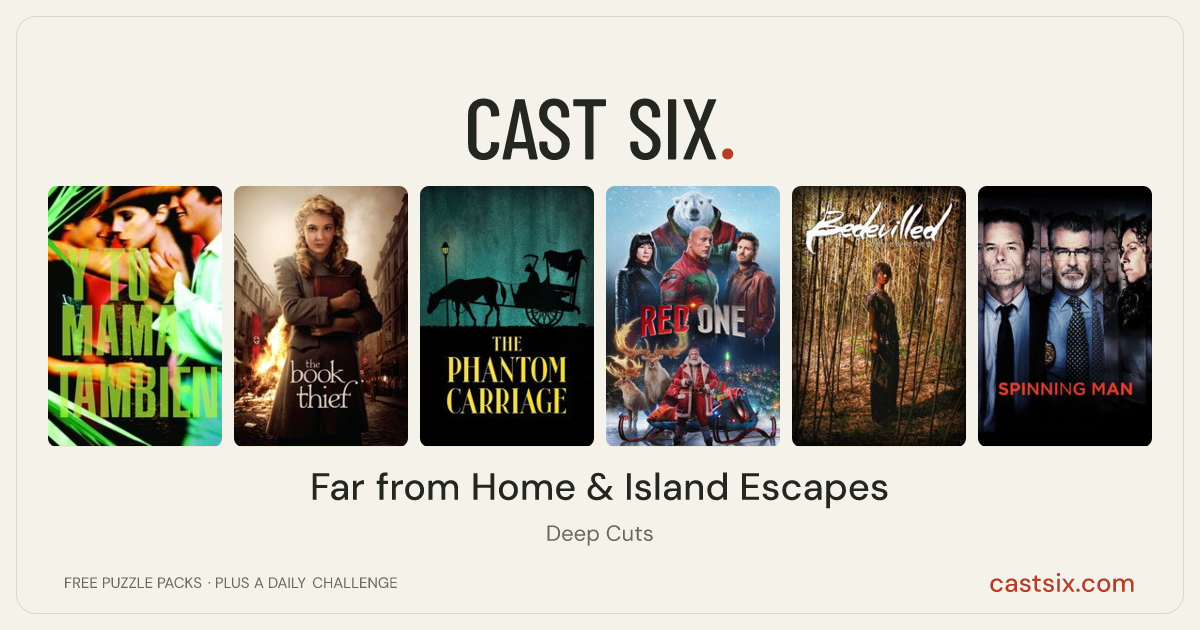 Far from Home & Island Escapes: a Cast Six movie puzzle. Six movie posters in a row: Y Tu Mamá También, The Book Thief, The Phantom Carriage, Red One, Bedevilled, Spinning Man. Six movies, six categories, three checks. Free to play at castsix.com.