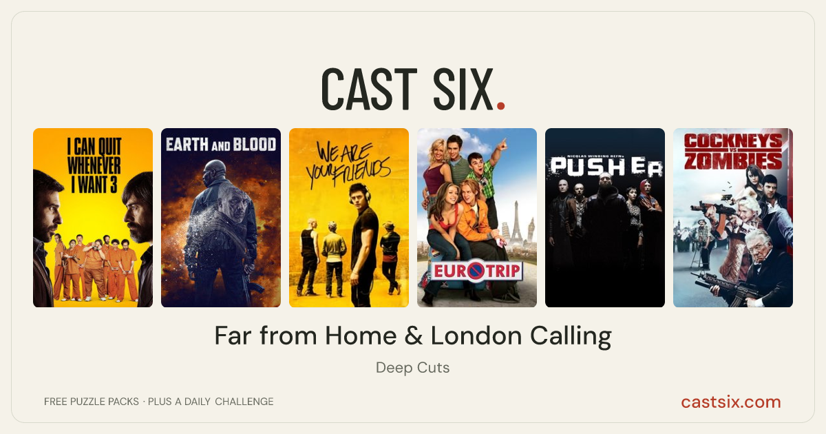 Far from Home & London Calling: a Cast Six movie puzzle. Six movie posters in a row: I Can Quit Whenever I Want 3: Ad Honorem, Earth and Blood, We Are Your Friends, EuroTrip, Pusher, Cockneys vs Zombies. Six movies, six categories, three checks. Free to play at castsix.com.