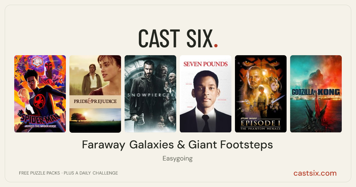 Faraway Galaxies & Giant Footsteps: a Cast Six movie puzzle. Six movie posters in a row: Spider-Man: Across the Spider-Verse, Pride & Prejudice, Snowpiercer, Seven Pounds, Star Wars: Episode I - The Phantom Menace, Godzilla vs. Kong. Six movies, six categories, three checks. Free to play at castsix.com.