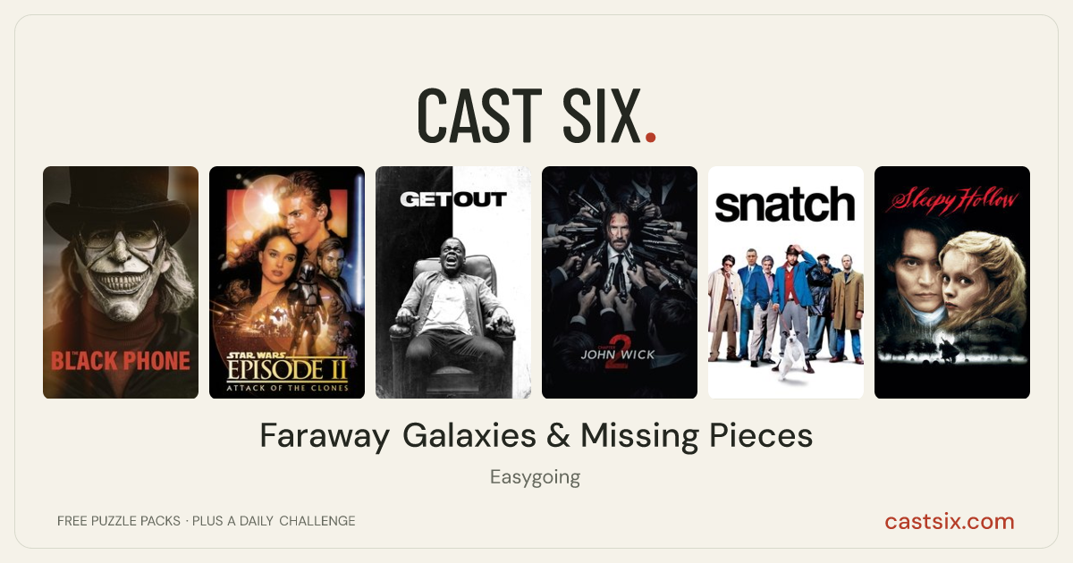 Faraway Galaxies & Missing Pieces: a Cast Six movie puzzle. Six movie posters in a row: The Black Phone, Star Wars: Episode II - Attack of the Clones, Get Out, John Wick: Chapter 2, Snatch, Sleepy Hollow. Six movies, six categories, three checks. Free to play at castsix.com.