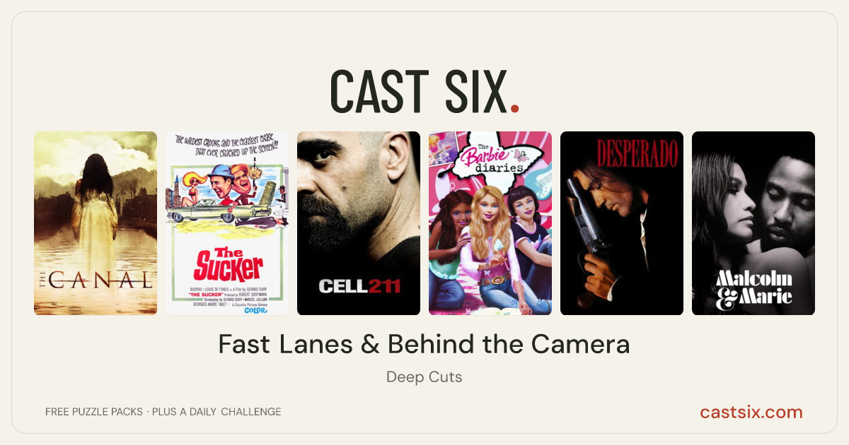 Fast Lanes & Behind the Camera: a Cast Six movie puzzle. Six movie posters in a row: The Canal, The Sucker, Cell 211, The Barbie Diaries, Desperado, Malcolm & Marie. Six movies, six categories, three checks. Free to play at castsix.com.