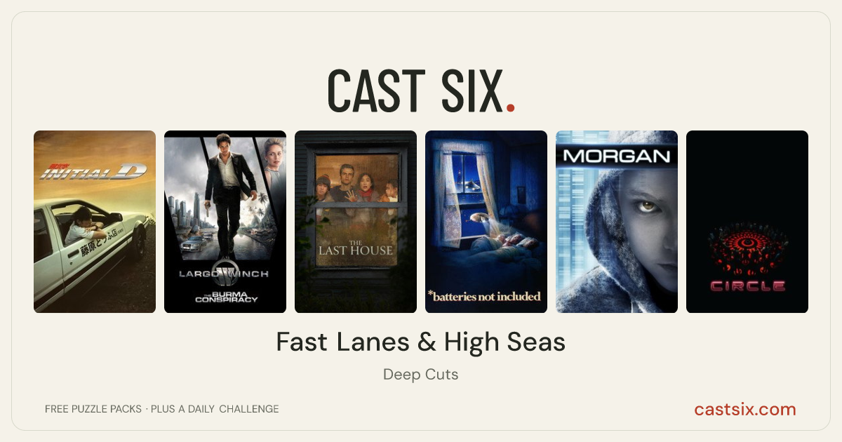 Fast Lanes & High Seas: a Cast Six movie puzzle. Six movie posters in a row: Initial D, Largo Winch II, The Last House, *batteries not included, Morgan, Circle. Six movies, six categories, three checks. Free to play at castsix.com.