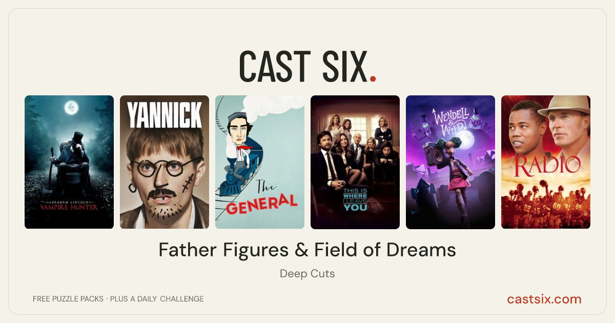 Father Figures & Field of Dreams: a Cast Six movie puzzle. Six movie posters in a row: Abraham Lincoln: Vampire Hunter, Yannick, The General, This Is Where I Leave You, Wendell & Wild, Radio. Six movies, six categories, three checks. Free to play at castsix.com.