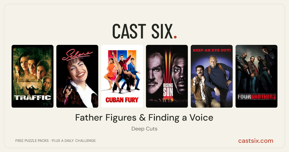 Father Figures & Finding a Voice: a Cast Six movie puzzle. Six movie posters in a row: Traffic, Selena, Cuban Fury, Rising Sun, Keep an Eye Out, Four Brothers. Six movies, six categories, three checks. Free to play at castsix.com.