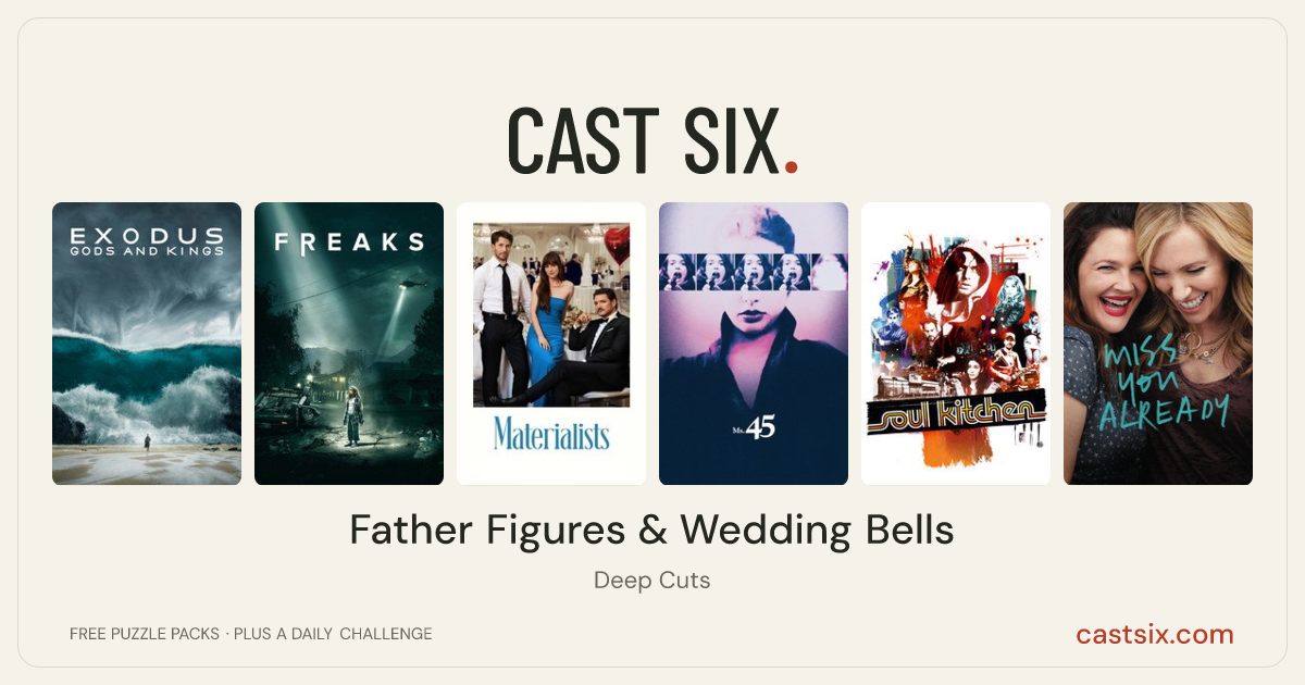 Father Figures & Wedding Bells: a Cast Six movie puzzle. Six movie posters in a row: Exodus: Gods and Kings, Freaks, Materialists, Ms .45, Soul Kitchen, Miss You Already. Six movies, six categories, three checks. Free to play at castsix.com.