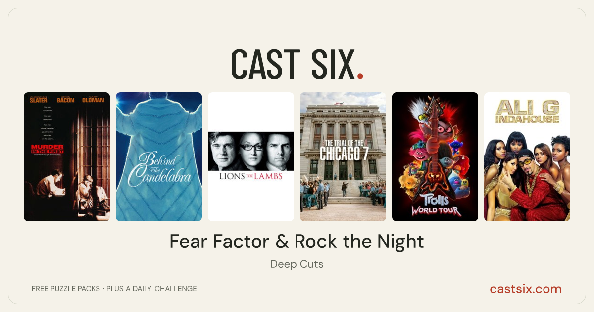 Fear Factor & Rock the Night: a Cast Six movie puzzle. Six movie posters in a row: Murder in the First, Behind the Candelabra, Lions for Lambs, The Trial of the Chicago 7, Trolls World Tour, Ali G Indahouse. Six movies, six categories, three checks. Free to play at castsix.com.