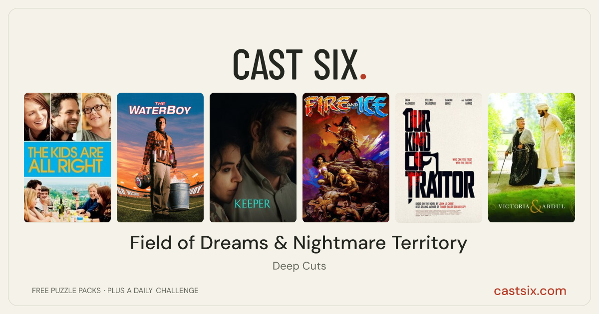 Field of Dreams & Nightmare Territory: a Cast Six movie puzzle. Six movie posters in a row: The Kids Are All Right, The Waterboy, Keeper, Fire and Ice, Our Kind of Traitor, Victoria & Abdul. Six movies, six categories, three checks. Free to play at castsix.com.