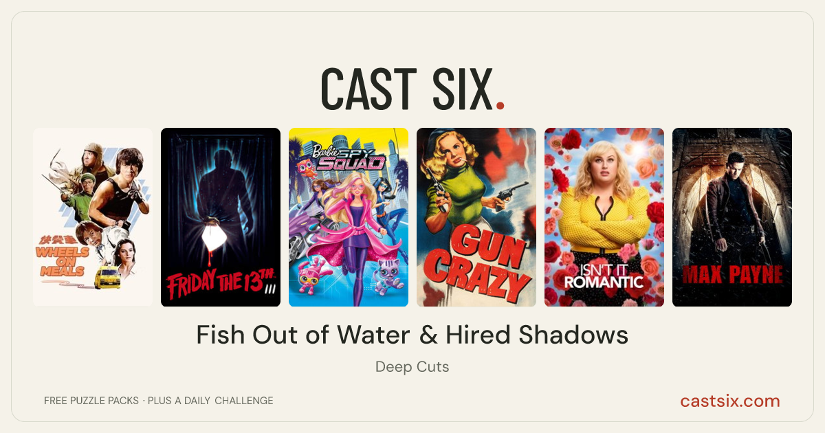 Fish Out of Water & Hired Shadows: a Cast Six movie puzzle. Six movie posters in a row: Wheels on Meals, Friday the 13th Part III, Barbie: Spy Squad, Gun Crazy, Isn't It Romantic, Max Payne. Six movies, six categories, three checks. Free to play at castsix.com.