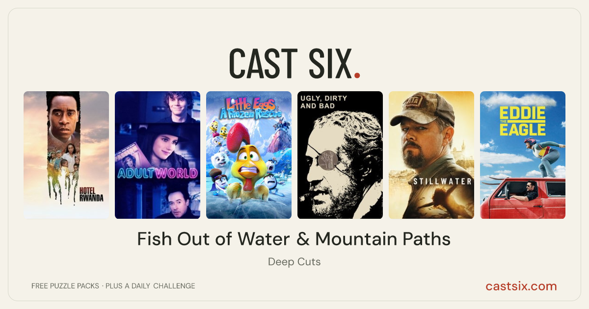 Fish Out of Water & Mountain Paths: a Cast Six movie puzzle. Six movie posters in a row: Hotel Rwanda, Adult World, Little Eggs: A Frozen Rescue, Ugly, Dirty and Bad, Stillwater, Eddie the Eagle. Six movies, six categories, three checks. Free to play at castsix.com.