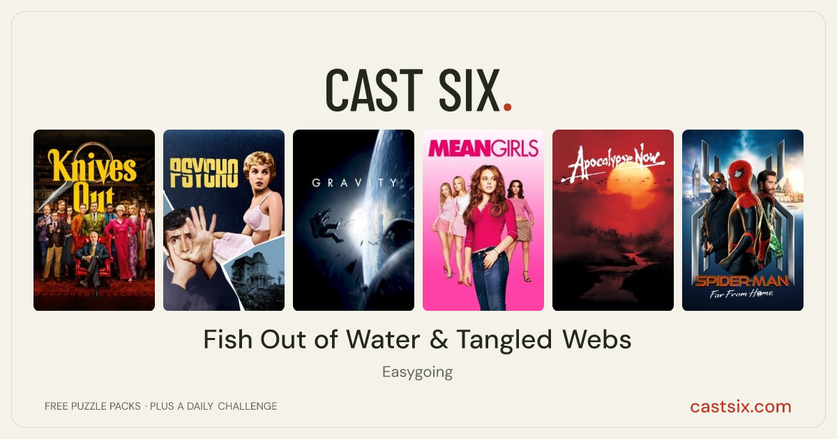 Fish Out of Water & Tangled Webs: a Cast Six movie puzzle. Six movie posters in a row: Knives Out, Psycho, Gravity, Mean Girls, Apocalypse Now, Spider-Man: Far From Home. Six movies, six categories, three checks. Free to play at castsix.com.