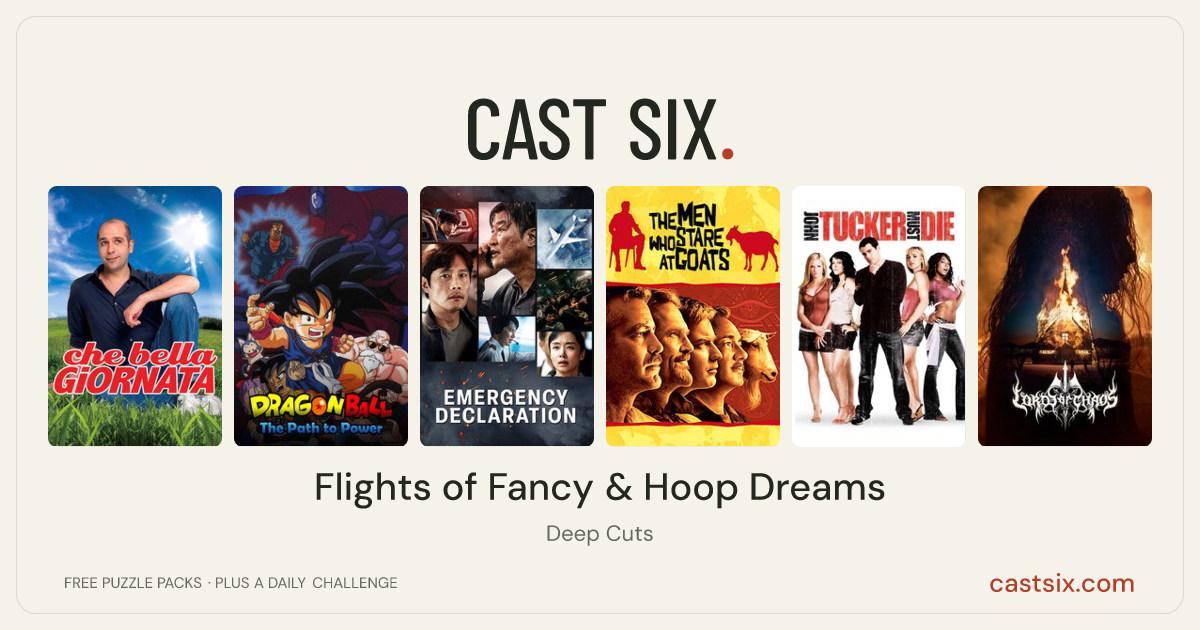 Flights of Fancy & Hoop Dreams: a Cast Six movie puzzle. Six movie posters in a row: What a Beautiful Day, Dragon Ball: The Path to Power, Emergency Declaration, The Men Who Stare at Goats, John Tucker Must Die, Lords of Chaos. Six movies, six categories, three checks. Free to play at castsix.com.