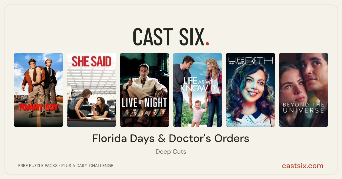 Florida Days & Doctor's Orders: a Cast Six movie puzzle. Six movie posters in a row: Tommy Boy, She Said, Live by Night, Life As We Know It, Life After Beth, Beyond the Universe. Six movies, six categories, three checks. Free to play at castsix.com.