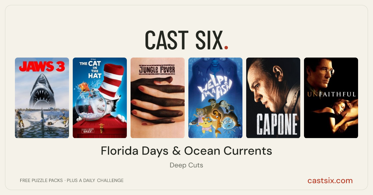 Florida Days & Ocean Currents: a Cast Six movie puzzle. Six movie posters in a row: Jaws 3-D, The Cat in the Hat, Jungle Fever, Help! I'm a Fish, Capone, Unfaithful. Six movies, six categories, three checks. Free to play at castsix.com.